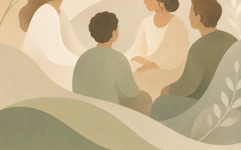 Kasvutee illustratsioon: grupp inimesi istub koos vestlemas pehmes maastikus